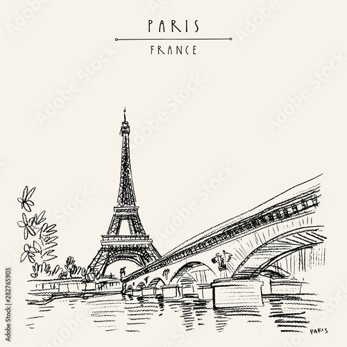 Eiffel Tower in Paris, France. Vintage hand drawn touristic postcard