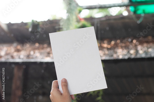 Woman holding paper blank of drawing paper paper with natural background. © blindturtle