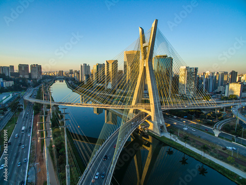 Suspension bridge. Cable-stayed bridge in the world. Sao Paulo city, Brazil, South America. 