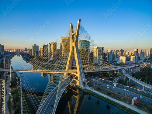 Suspension bridge. Cable-stayed bridge in the world. Sao Paulo city, Brazil, South America. 