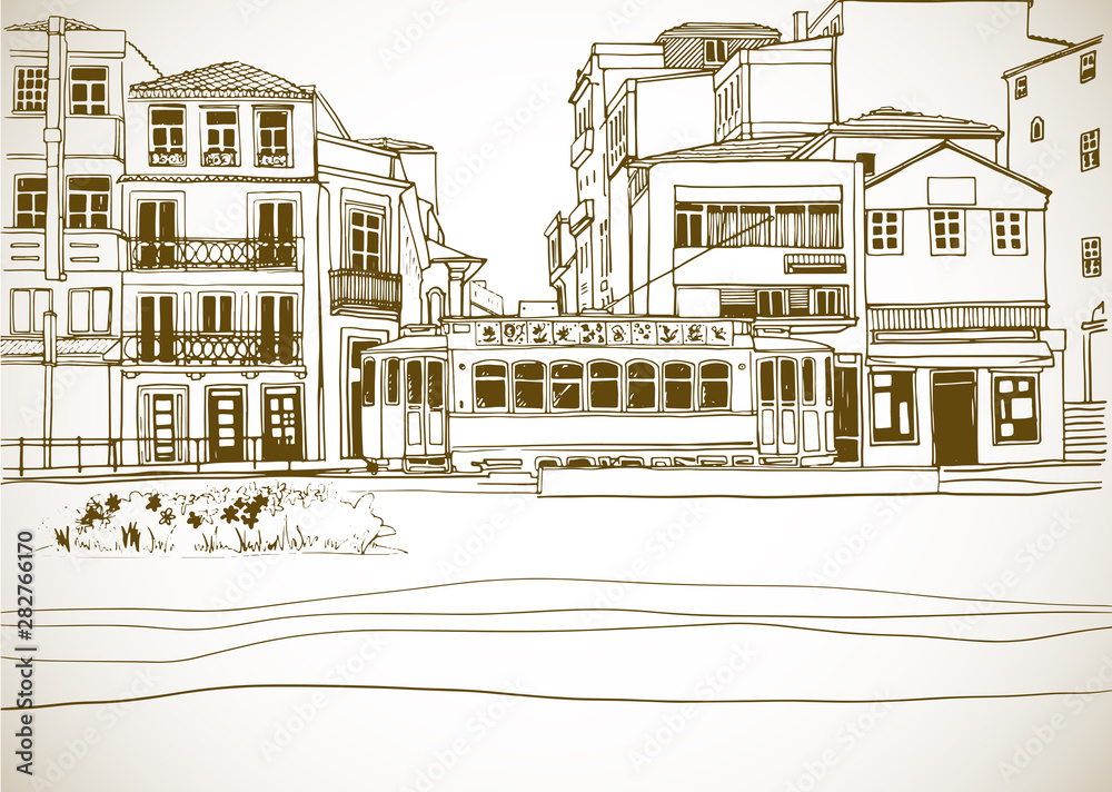 View of the old Porto, Portugal. Urban landscape in hand drawn sketch style. Line art. Vector illustration in sepia View of the old Porto, Portugal. Urban landscape in hand drawn sketch style. Line art. Vector illustration in sepia