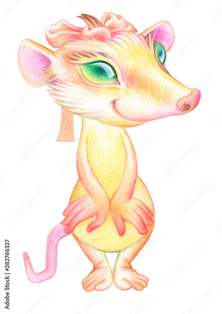 Pencil drawing of a rat. Illustration for children. Image of animals with colored pencils. Chinese Horoscope 2020. Little girl is a rat.