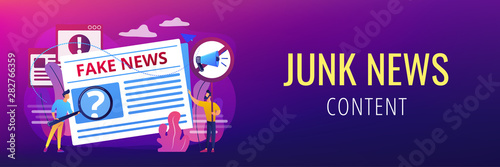False information broadcasting. Press, newspaper journalists, editors. Fake news, junk news content, disinformation in media concept. Header or footer banner template with copy space.