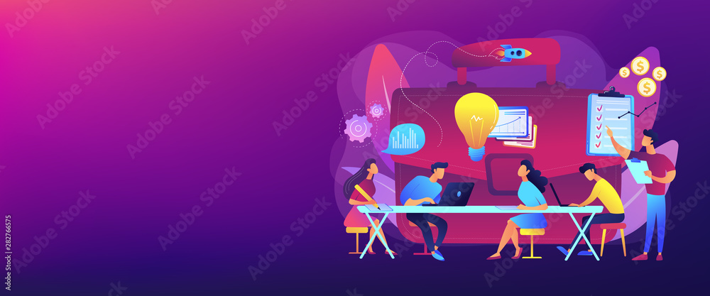 Fototapeta premium Colleagues meeting. Team brainstorming. Corporate training. Business briefing, teamwork task discussion, business strategy communication concept. Header or footer banner template with copy space.