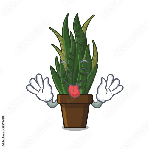 Tongue out cartoon snake plant grows behind house