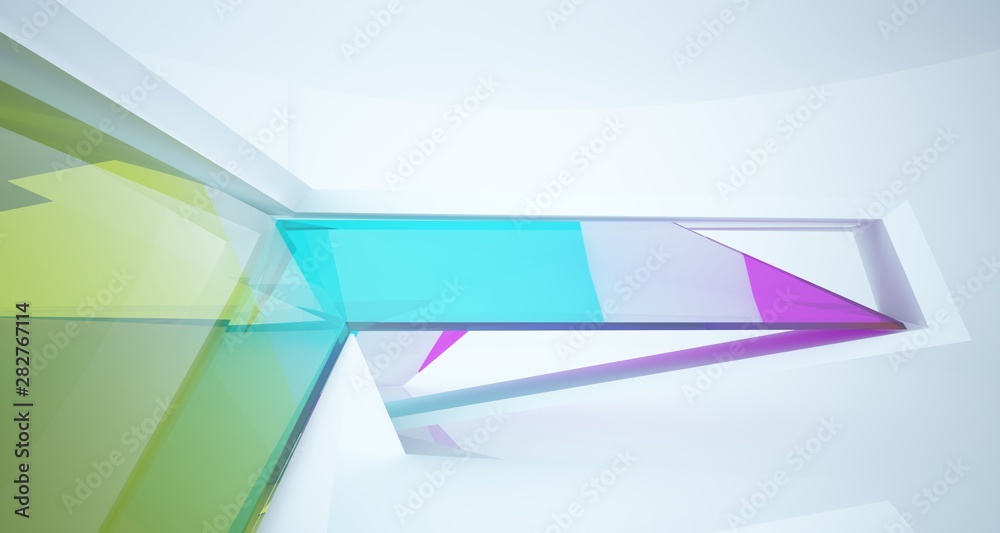 Fototapeta premium Abstract architectural white and glass gradient color interior of a minimalist house with large windows. 3D illustration and rendering.