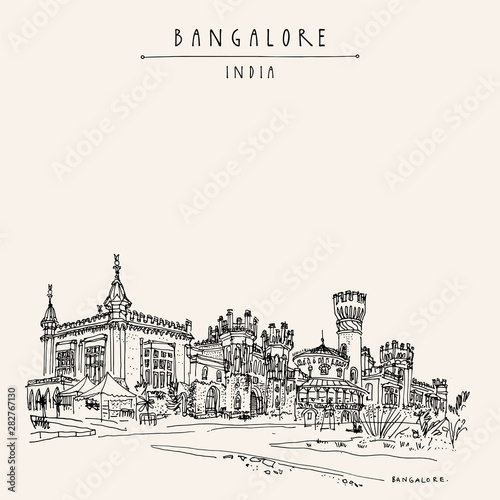 Bangalore, Karnataka, India. Beautiful Bangalore palace. Vintage hand drawn postcard
