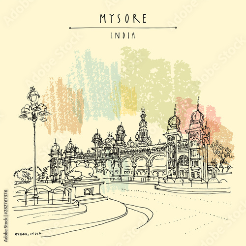 Mysore, Karnataka, India. Mysore palace. Vintage hand drawn postcard photo