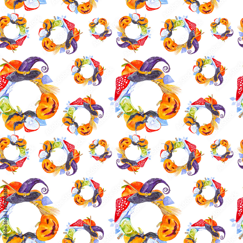 Obraz premium Festive wreath for Halloween pumpkin,fly agaric,broom,bats,magic hat and potion bottle. Watercolor illustration isolated on white background.Seamless pattern