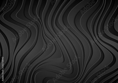 Black 3d paper refracted curved waves. Abstract dark papercut elegant wavy background. Vector geometric design