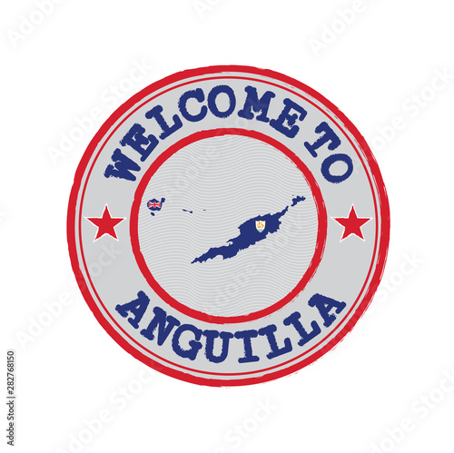 Vector stamp of welcome to Anguilla with map outline of the nation in center.