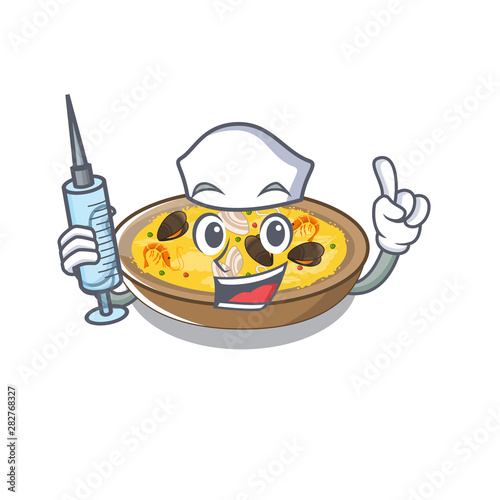 Nurse spanish paella cooked in cartoon skillet