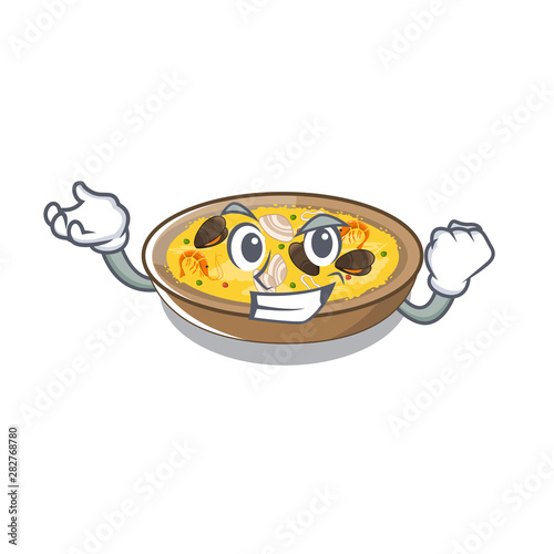 Successful spanish paella cooked in cartoon skillet