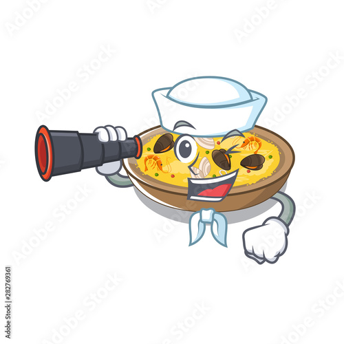 Sailor with binocular spanish paella dishes in cartoon shape