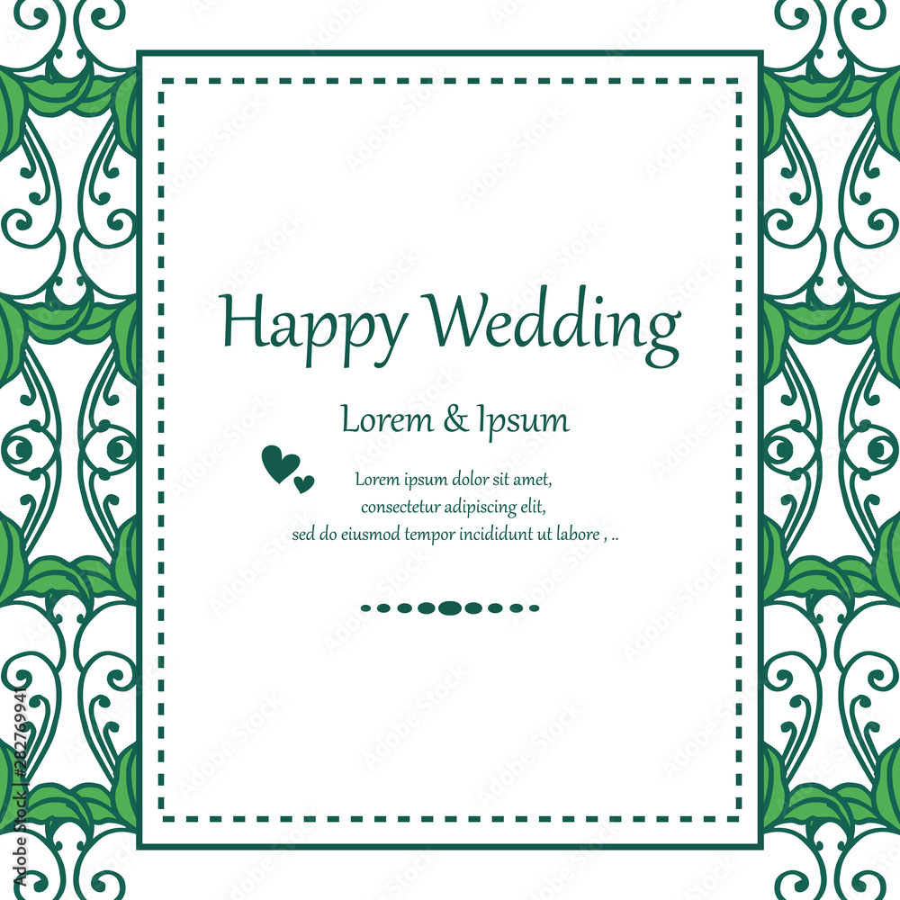 Invitation card happy wedding, with texture flower frame, crowd of leaf branches frame. Vector