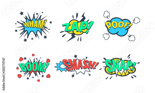 Comic Speech Bubble with Text Set, Comic Sound Effects, Wham, Zap, Poof, Boom, Smash, Snap Vector Illustration