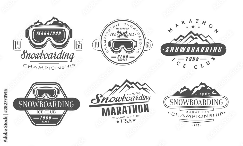 Snowboarding Championship, Marathon Retro Logo Templates Set, Ice Club Vintage Monochrome Labels Vector Illustration Snowboarding Championship, Marathon Retro Logo Templates Set, Ice Club Vintage Monochrome Labels Vector Illustration