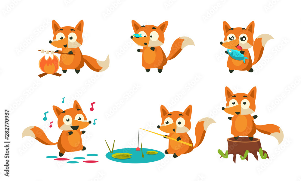 Cute Little Fox Doing Different Activities Set, Adorable Animal Character Roasting Marshmallow