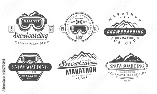 Snowboarding Championship, Marathon Retro Logo Templates Set, Ice Club Vintage Monochrome Labels Vector Illustration