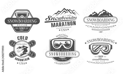 Snowboarding Championship, Marathon Retro Logo Templates Set, Cold Snowing Mountain Vintage Monochrome Labels Vector Illustration
