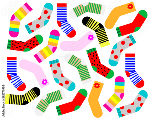 Pattern of children's colorful socks on a white background. Vector illustration.