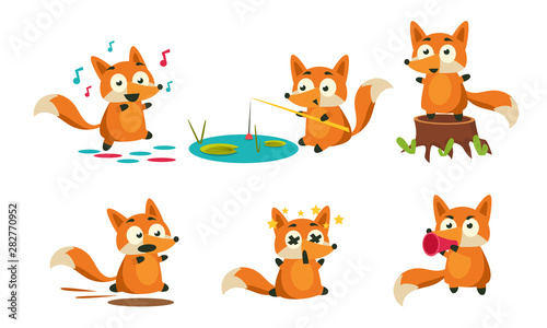Cute Little Fox Doing Different Activities Set  Adorable Animal Character Fishing  Dancing  Running  Dying Vector Illustration
