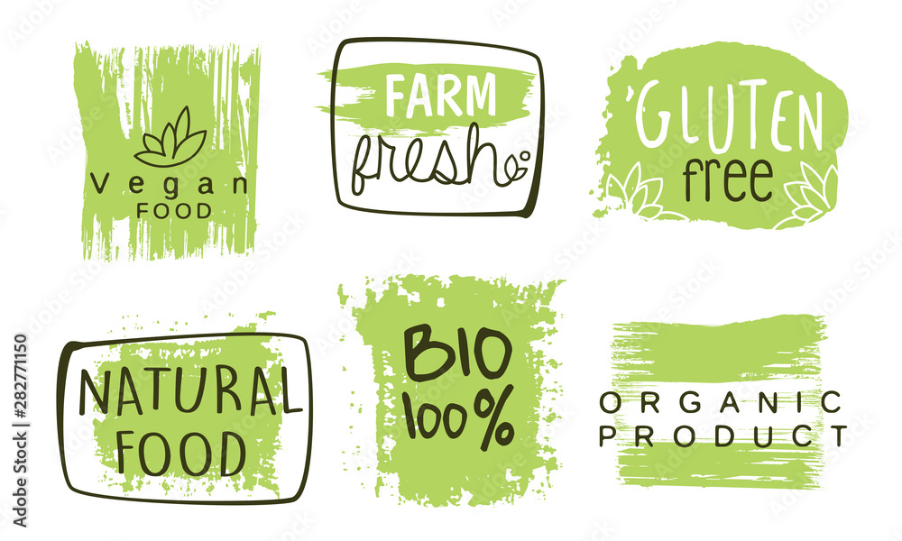 Healthy Organic Natural Farm Food Labels Templates Set, Green Eco Bio Products, Gluten Free Hand Drawn Badges Vector Illustration