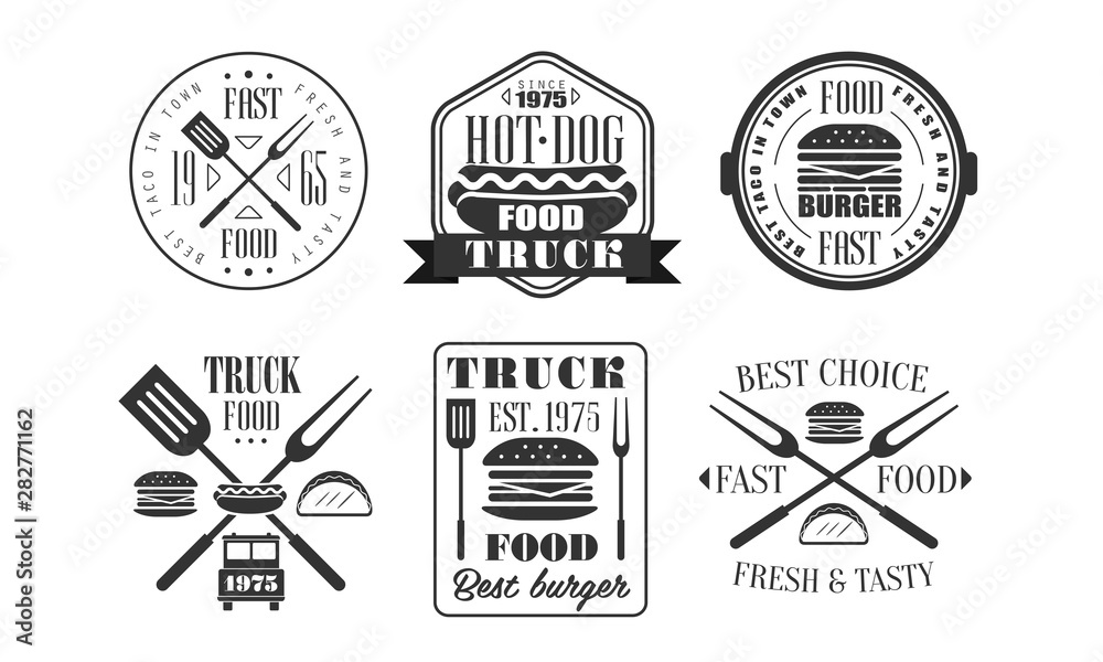 Food Truck Retro Logo Templates Set, Fresh and Tasty Fast Food Vintage Monochrome Labels Vector Illustration Food Truck Retro Logo Templates Set, Fresh and Tasty Fast Food Vintage Monochrome Labels Vector Illustration