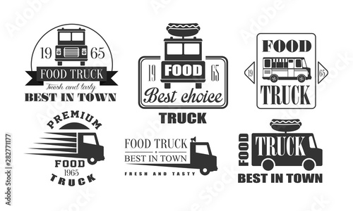 Food Truck, Best in Town Premium Retro Logo Templates Set, Best in Town, Tasty Fast Food Vintage Monochrome Labels Vector Illustration