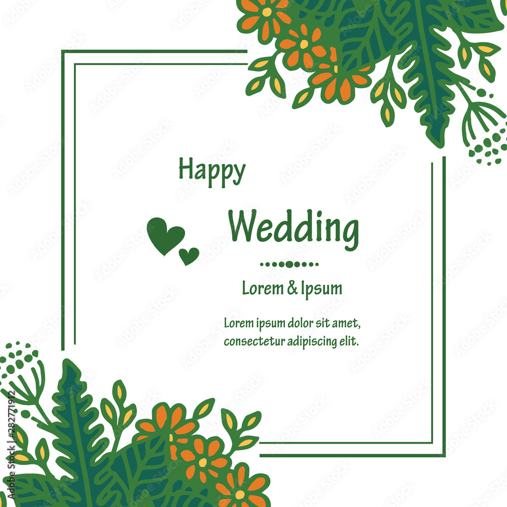 Branches leaves, with elegant frame, and beautiful flowers, template of card happy wedding. Vector