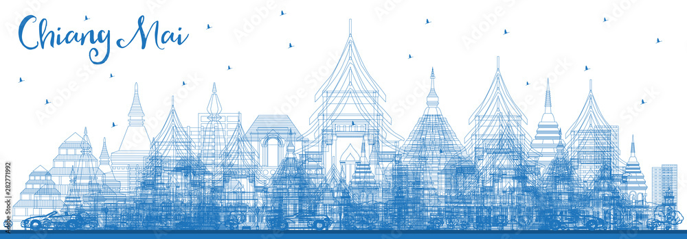 Obraz premium Outline Chiang Mai Thailand City Skyline with Blue Buildings.
