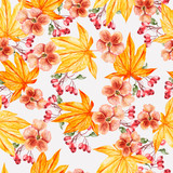 Beautiful watercolor pattern with autumn leaves, pansies flowers and rosehip.