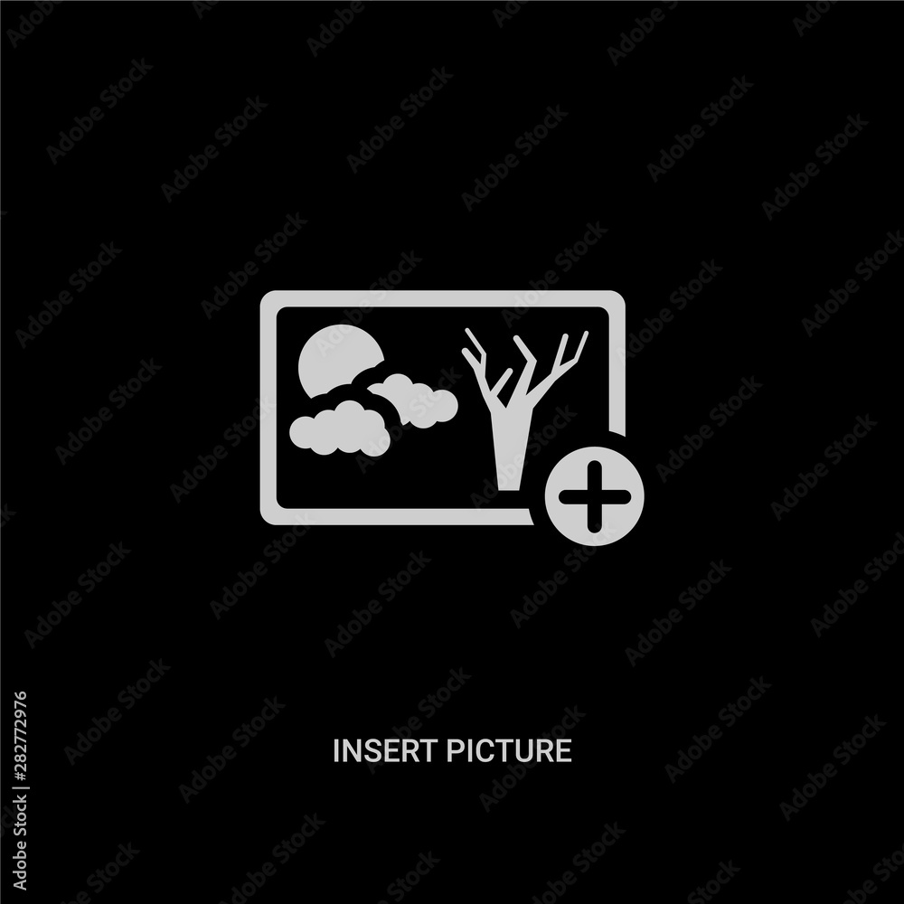 white insert picture vector icon on black background. modern flat insert picture from ui concept vector sign symbol can be use for web, mobile and logo. white insert picture vector icon on black background. modern flat insert picture from ui concept vector sign symbol can be use for web, mobile and logo.