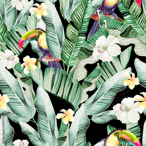 Beautiful watercolor seamless pattern with tropical leaves and banana leaves, tukan birds and hibiscus flowers.  photo