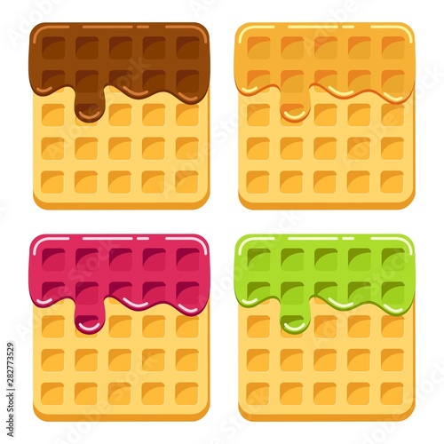 vector belgian waffles with colorful flowing fruit syrup