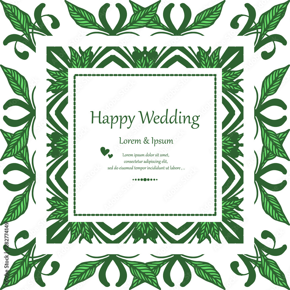 Border of frame, cute pink flower frame, design lettering of happy wedding. Vector