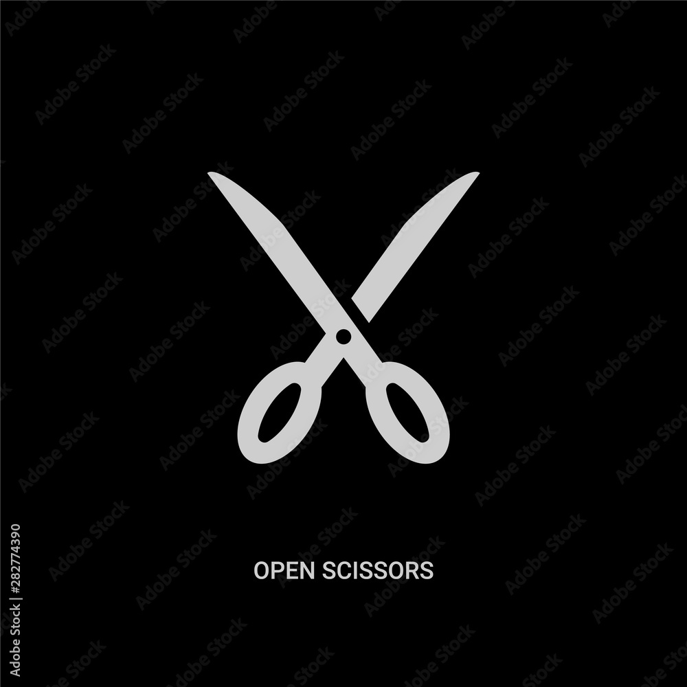 white open scissors vector icon on black background. modern flat open scissors from tools and utensils concept vector sign symbol can be use for web, mobile and logo. white open scissors vector icon on black background. modern flat open scissors from tools and utensils concept vector sign symbol can be use for web, mobile and logo.