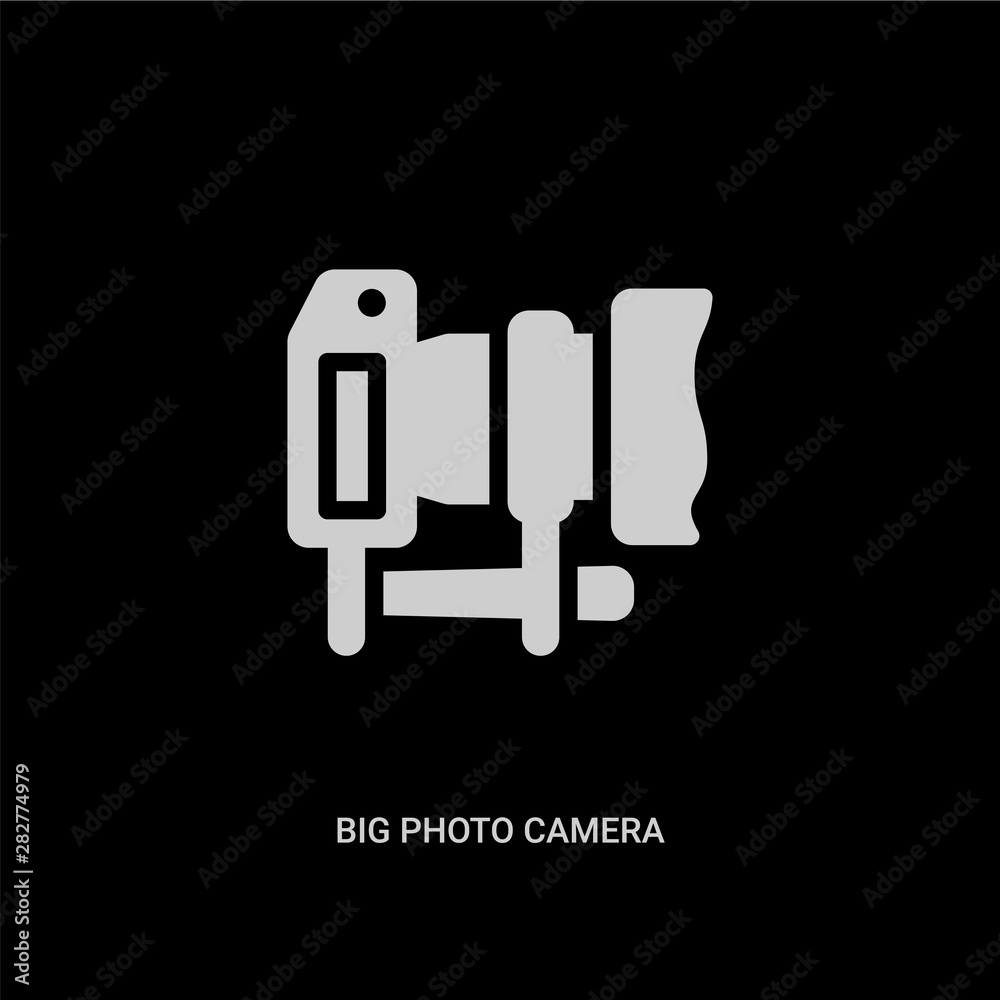 white big photo camera vector icon on black background. modern flat big photo camera from social media concept vector sign symbol can be use for web, mobile and logo. white big photo camera vector icon on black background. modern flat big photo camera from social media concept vector sign symbol can be use for web, mobile and logo.