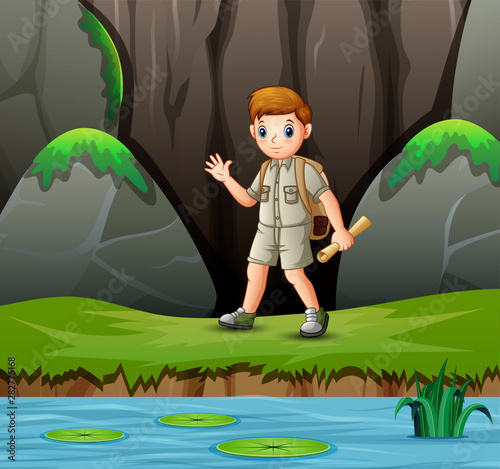 Boy scouts in uniform on nature landscape