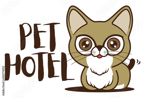 Cute cat sitting beside with big signboard, pet hotel vector illustration logo. Cute cat mascot character - vector