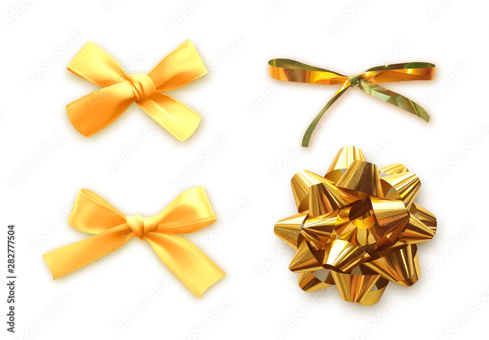Set of gold ribbons bows. Festive realistic decorative design elements. Celebrate decoration. Vector illustration Set of gold ribbons bows. Festive realistic decorative design elements. Celebrate decoration. Vector illustration