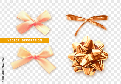 Set of golden ribbons bows. Festive realistic decorative design elements. Celebrate decoration. Vector illustration