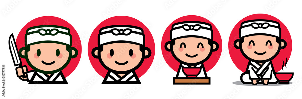 Cute Japanese chef set with japanese knife and ramen bowl - vector mascot character illustration - vector Cute Japanese chef set with japanese knife and ramen bowl - vector mascot character illustration - vector