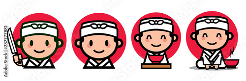 Cute Japanese chef set with japanese knife and ramen bowl - vector mascot character illustration - vector