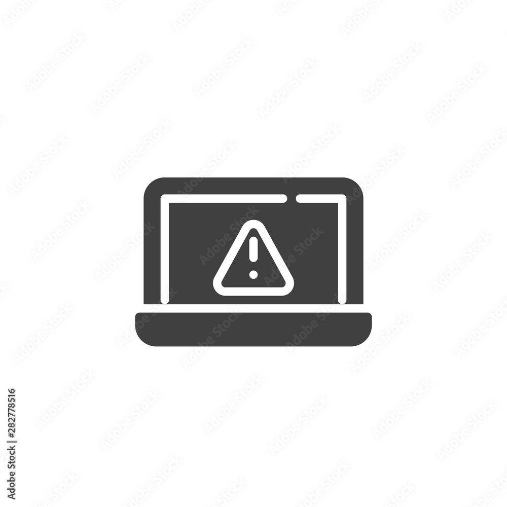 Laptop error notification vector icon. filled flat sign for mobile concept and web design. Notebook computer warning notice glyph icon. Symbol, logo illustration. Vector graphics Laptop error notification vector icon. filled flat sign for mobile concept and web design. Notebook computer warning notice glyph icon. Symbol, logo illustration. Vector graphics