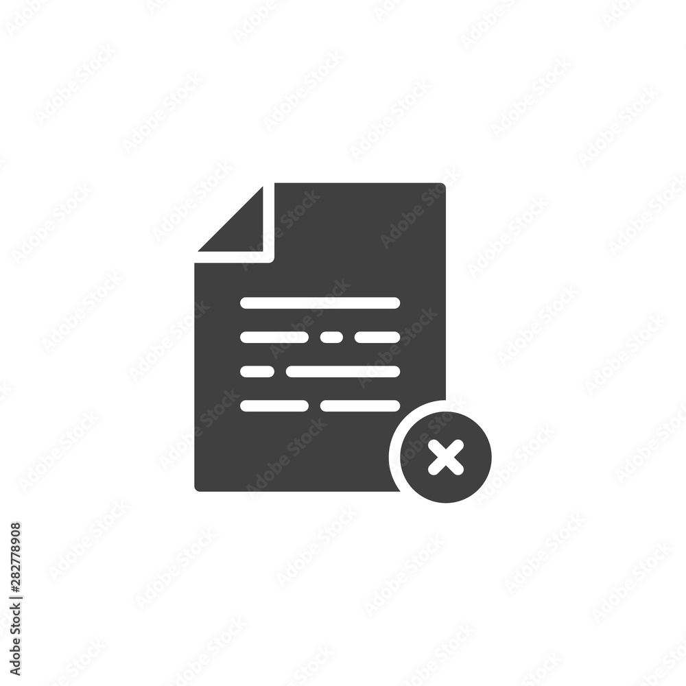 Document file delete vector icon. filled flat sign for mobile concept and web design. Reject paper document glyph icon. Symbol, logo illustration. Vector graphics Document file delete vector icon. filled flat sign for mobile concept and web design. Reject paper document glyph icon. Symbol, logo illustration. Vector graphics