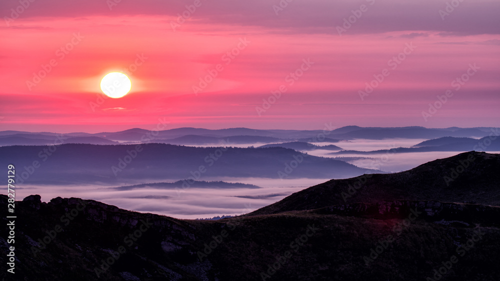 Mountains' silhouettes and pink sky. Awesome sunrise in Bieszczady Mountains. Poland