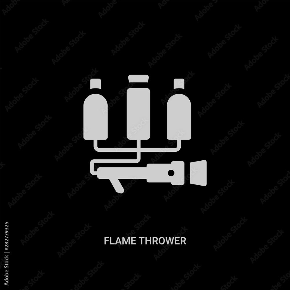 white flame thrower vector icon on black background. modern flat flame thrower from miscellaneous concept vector sign symbol can be use for web, mobile and logo. white flame thrower vector icon on black background. modern flat flame thrower from miscellaneous concept vector sign symbol can be use for web, mobile and logo.