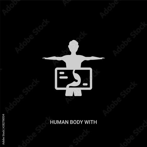 white human body with x ray plate focusing on stomach vector icon on black background. modern flat human body with x ray plate focusing on stomach from human body parts concept vector sign symbol