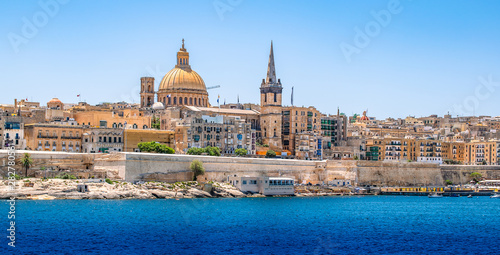Panoramic skyline and harbor view of Valletta, Malta.